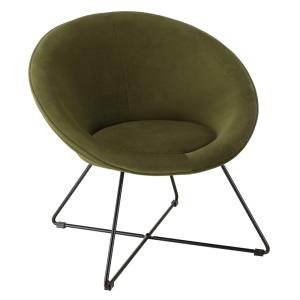 Fauteuil tissu velours vert olive pieds croisés métal noir