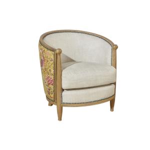 Fauteuil tonneau en chêne, lin et tissu jaune moutarde