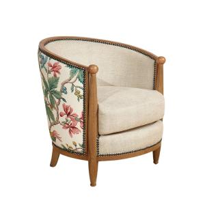 Fauteuil tonneau en chêne, lin premium et tissu à motifs