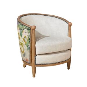 Fauteuil tonneau en chêne, lin premium et tissu fleuri à mo…
