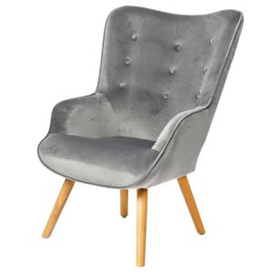Fauteuil velours gris et pieds bois - 72x65x99cm