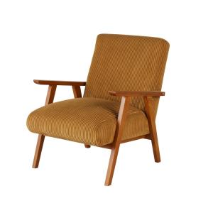 Fauteuil vintage en bois de hêtre et velours côtelé jaune m…