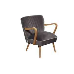 Fauteuil vintage en chêne et velours gris rhino