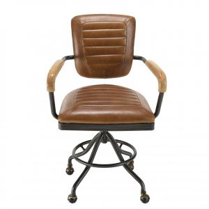 Fauteuil vintage en cuir marron pieds en métal noir à roule…