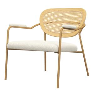 Fauteuil Vintage en tissu bouclé Ecru et rotin