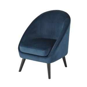 Fauteuil vintage en velours bleu nuit et hévéa massif