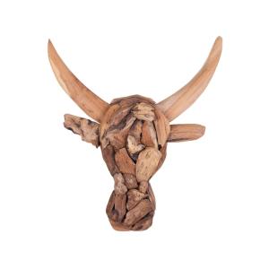 Figurine murale taureau teck 34 cm marron