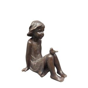 Figurine petite fille en résine cuivre l'oiseau H27