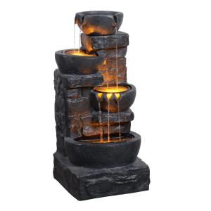 Fontaine 3 niveaux bols LED cascade jardin, Gris, 83cm