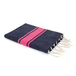 Fouta bicolore coton bleu jean / rose fuchsia 100x200