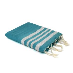 Fouta nid d'abeille coton vert canard / argent 100x200