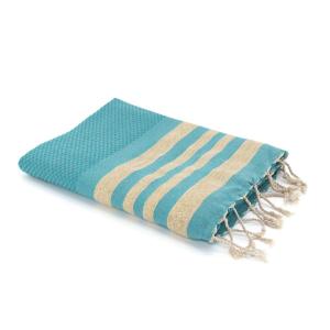 Fouta nid d'abeille coton vert canard / or 100x200