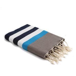 Fouta tricolore coton bleu jean / bleu azur 100x200