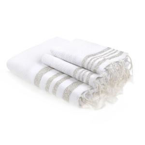 Foutas de bain (1 2) coton blanc / argent 100x200 40x60(x2)