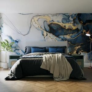 Fresque panoramique marbre bleu doré 300x280cm