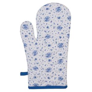 Gant de cuisine 100% coton blanc motif fleuri bleu 18x30cm