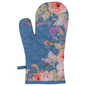 Gant de cuisine 100% coton bleu motif fleuri 18x30cm