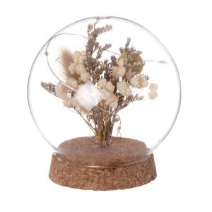 Globe lumineux en verre, fleurs séchées sur support en lièg…