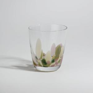 Gobelet en verre transparent motif rose, vert et beige