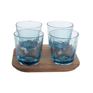 Gobelets en verre martelé bleu (x4) et plateau en bois d'ac…