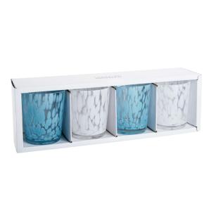 Gobelets en verre tâcheté transparent, bleu et blanc (x4)