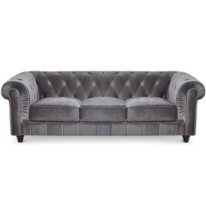 Grand canapé 3 places chesterfield velours argent