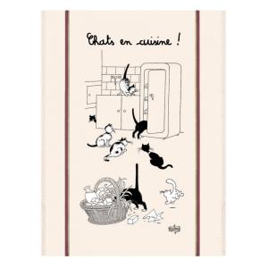 Grand Torchon  Chats En Cuisine en coton ecru 60 x 80 cm
