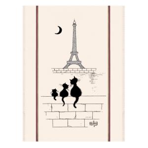Grand Torchon  Chats Tour Eiffel en coton ecru 60 x 80 cm