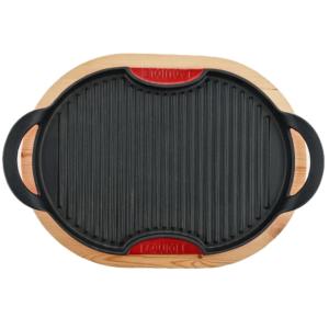 Grill ovale en fonte rouge 36cm avec support en bois