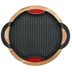 Grill rond en fonte rouge 28cm avec support en bois