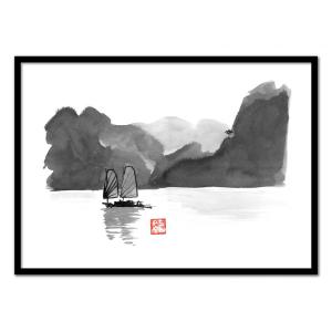 HALONG BAY - Affiche d'art avec Cadre bois noir - 50 x 70 cm