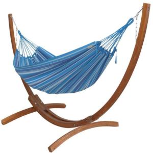 Hamac L en coton bleu et blanc et support en bois de mélèze…