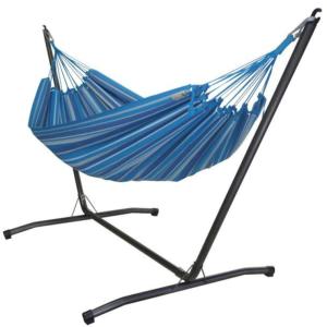 Hamac L en coton bleu et blanc et support en métal
