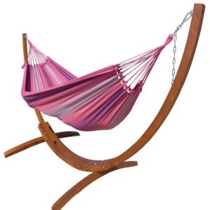 Hamac L en coton rose et support en bois de mélèze