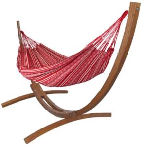 Hamac L en coton rouge et blanc et pied en bois de mélèze