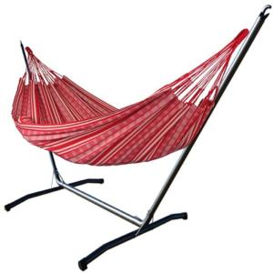 Hamac L en coton rouge et blanc et support en métal