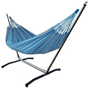 Hamac XL en coton bleu et blanc et support en métal