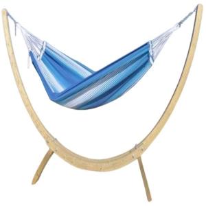 Hamac XXL en coton bleu et blanc et support en bois d'épicé…