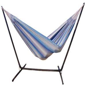 Hamac XXL en coton bleu et blanc et support en métal