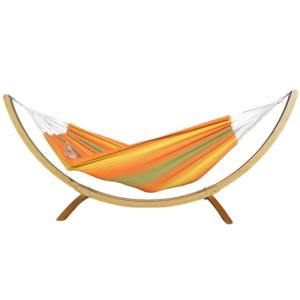 Hamac XXL en coton vert et jaune et son pied en bois d'épic…