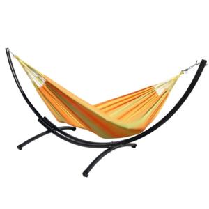 Hamac XXL en coton vert et jaune et son pied en métal XL