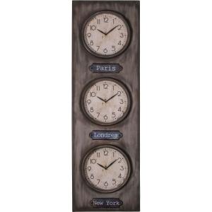 Horloge 3 cadrans 33x107 cm en verre et métal gris