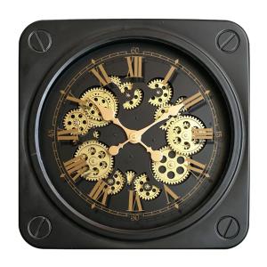 Horloge carrée à mécanismes noir et doré 45cm