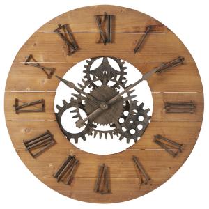 Horloge murale à rouages en sapin et métal noir D89