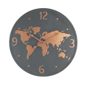 Horloge murale carte du monde en métal gris foncé et cuivre…