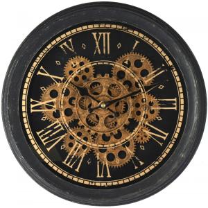 Horloge murale ronde en métal noir et doré engrenage D35cm