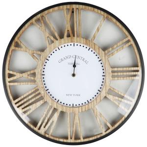 Horloge murale ronde métal noir et bois 50x50x4.5cm