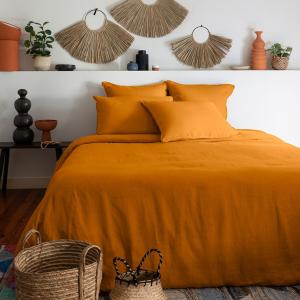 Housse de couette lin et coton lavé  orange 260 x 240 cm