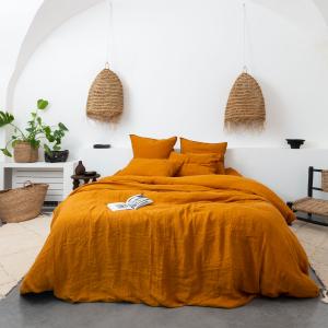 Housse de couette lin et coton lavé uni orange 140 x 200 cm