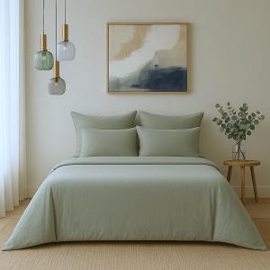 Housse de couette satin lavé de coton bio vert céladon 200x…